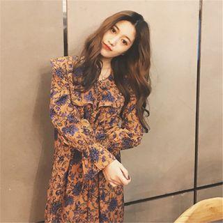 Long-sleeve V-neck Floral Midi Dress