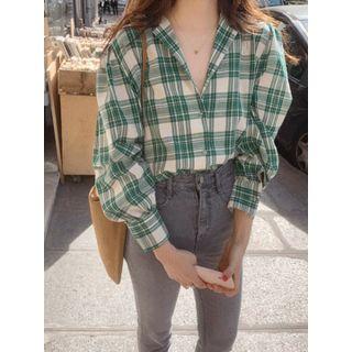 Lapelled Plaid Blouse In 3 Colors