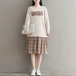 Long-sleeve Lettering Plaid Panel A-line Dress