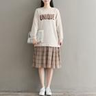 Long-sleeve Lettering Plaid Panel A-line Dress