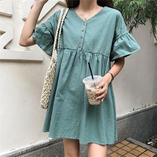 Short-sleeve Half Button Mini A-line Dress Green - One Size