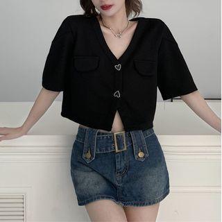 Puff-sleeve V-neck Heart Button Shirt