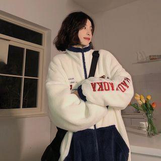 Bear Embroidered Two-tone Fleece Jacket