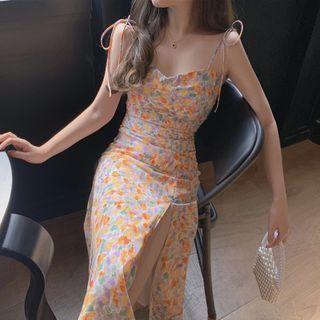 Spaghetti Strap Floral Print Midi Dress Floral - Tangerine - One Size
