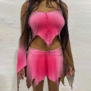 Set: Bell-sleeve Gradient Irregular Crop Top + Mini Skirt