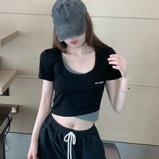 Short-sleeve Lettering Mock Two Piece Cropped Top