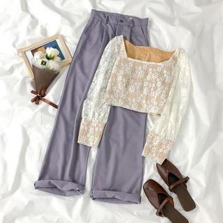 Square-neck Cropped Lace Blouse / Wide-leg Pants