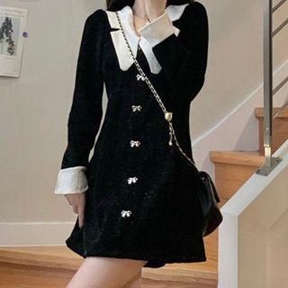 Long-sleeve Collared Bow-accent Mini A-line Dress