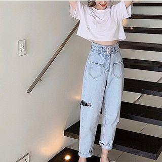 Set: Short-sleeve Cropped T-shirt + Ripped Straight Cut Jeans