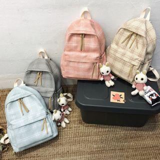 Set: Plaid Cotton Backpack + Rabbit Bag Charms
