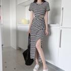 Short-sleeve Cut-out Slit Midi Sheath Dress