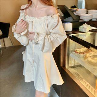Ruffle Trim Long-sleeve A-line Dress Beige - One Size