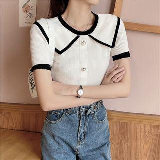 Color Block Peter-pan Collar Faux Pearl Knit Top