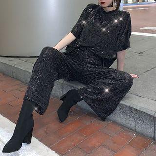 Sequined Elbow-sleeve Oversize T-shirt / Cropped Wide-leg Pants