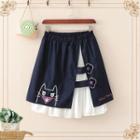 Cat Embroidered A-line Skirt Navy Blue - One Size