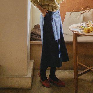 Button-trim Plaid Long Skirt Navy Blue - One Size