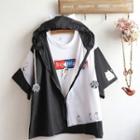 Short-sleeve Cartoon Hooded Zip Jacket / Lettering T-shirt / Set