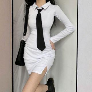 Set: Slit Polo Mini Sheath Dress + Neck Tie (various Designs)