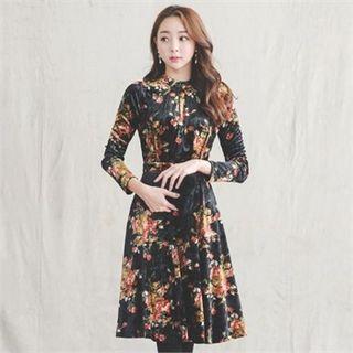 Floral Print Velvet A-line Dress