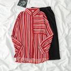 Long Sleeve Striped Shirt / Plaid Midi Skirt