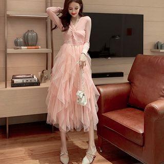 Twisted V-neck Long-sleeve Mesh Midi Dress