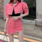 Puff-sleeve Houndstooth Cropped Shirt / Distressed Mini Pencil Skirt