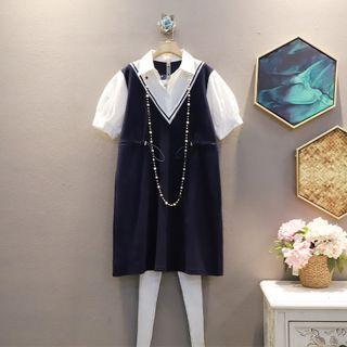 Mock Two-piece Puff-sleeve Panel Elastic-waist Jumper Skirt