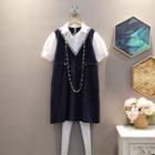 Mock Two-piece Puff-sleeve Panel Elastic-waist Jumper Skirt