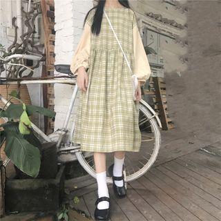 Balloon-sleeve Plaid Midi A-line Dress 22610 - As Shown In Figure - One Size