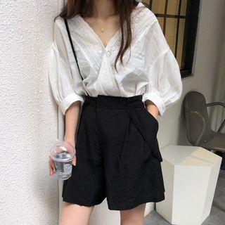 Elbow-sleeve Eyelet Lace Blouse / Wide-leg Suspender Shorts
