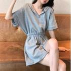 Short-sleeve Drawstring Hooded Zip-up Romper