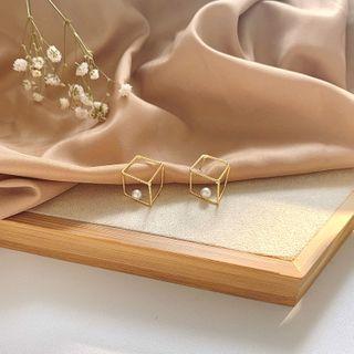 Faux Pearl Cube Stud Earring 1 Pair - Gold - One Size