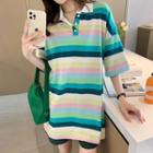 Elbow-sleeve Striped Polo Shirt Green - One Size