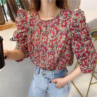 Puff-sleeve Floral Print Top As Figure - One Size