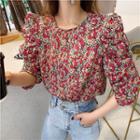 Puff-sleeve Floral Print Top As Figure - One Size