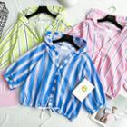 Striped Loose-fit 3/4-sleeve Hooded Top