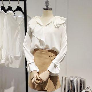 Ruffle-trim Tie-cuff Blouse