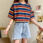 Striped Elbow Sleeve T-shirt As Shown In Figure - One Size