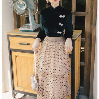 Set: Long-sleeve Frog-buttoned Velvet Top + Dotted Midi Tiered Mesh Skirt