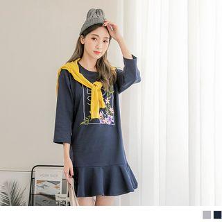 Ruffled Hem Floral Embroidered Dress