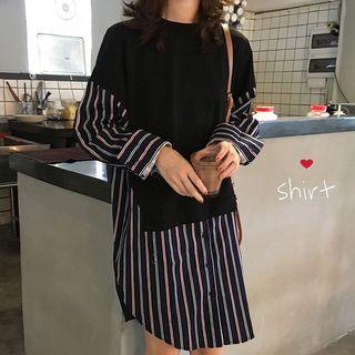 Mock Two-piece Long-sleeve Pinstriped Shirtdress As Shown In Figure - One Size