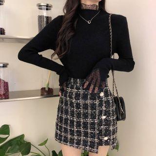 Bell-sleeve Dotted Mesh Mock-neck Knit Top
