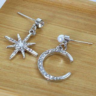 925 Sterling Silver Rhinestone Moon & Star Dangle Earring 1 Pair - S925silver Earring - One Size