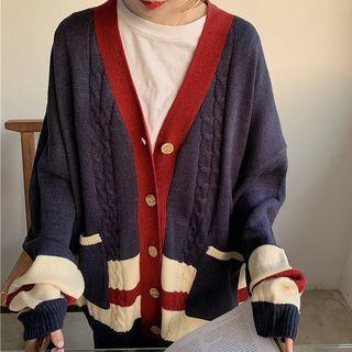 Color-block Cable Knit Buttoned Sweater