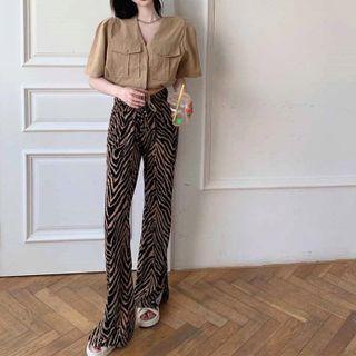 Short-sleeve Shirt / Zebra Print Wide-leg Pants