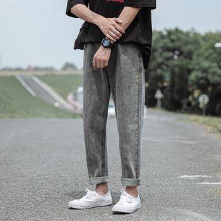 Washed Lettering Embroidered Straight-fit Jeans