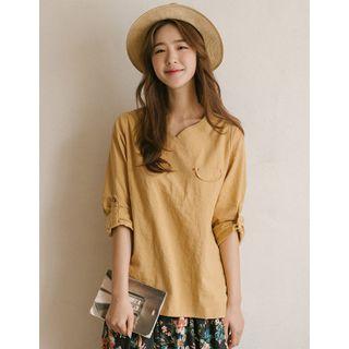 V-neck Tab-sleeve Linen Top