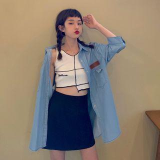 Denim Shirt / Contrast Trim Cropped Tank Top