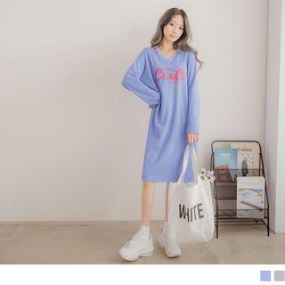 Lettering V-neck Long Sleeve T-shirt Dress