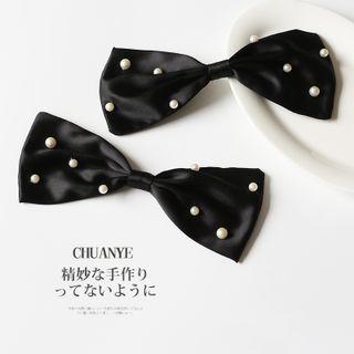 Faux Pearl Bow Hair Clip 1 - Hair Clip - Bow - Black - One Size